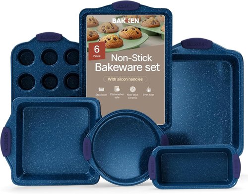 BAKKEN Nonstick Baking Pan Set - Carbon Steel Bakeware with Blue Silicone Handles | Oven Safe Up to 450°F, Set of 6
