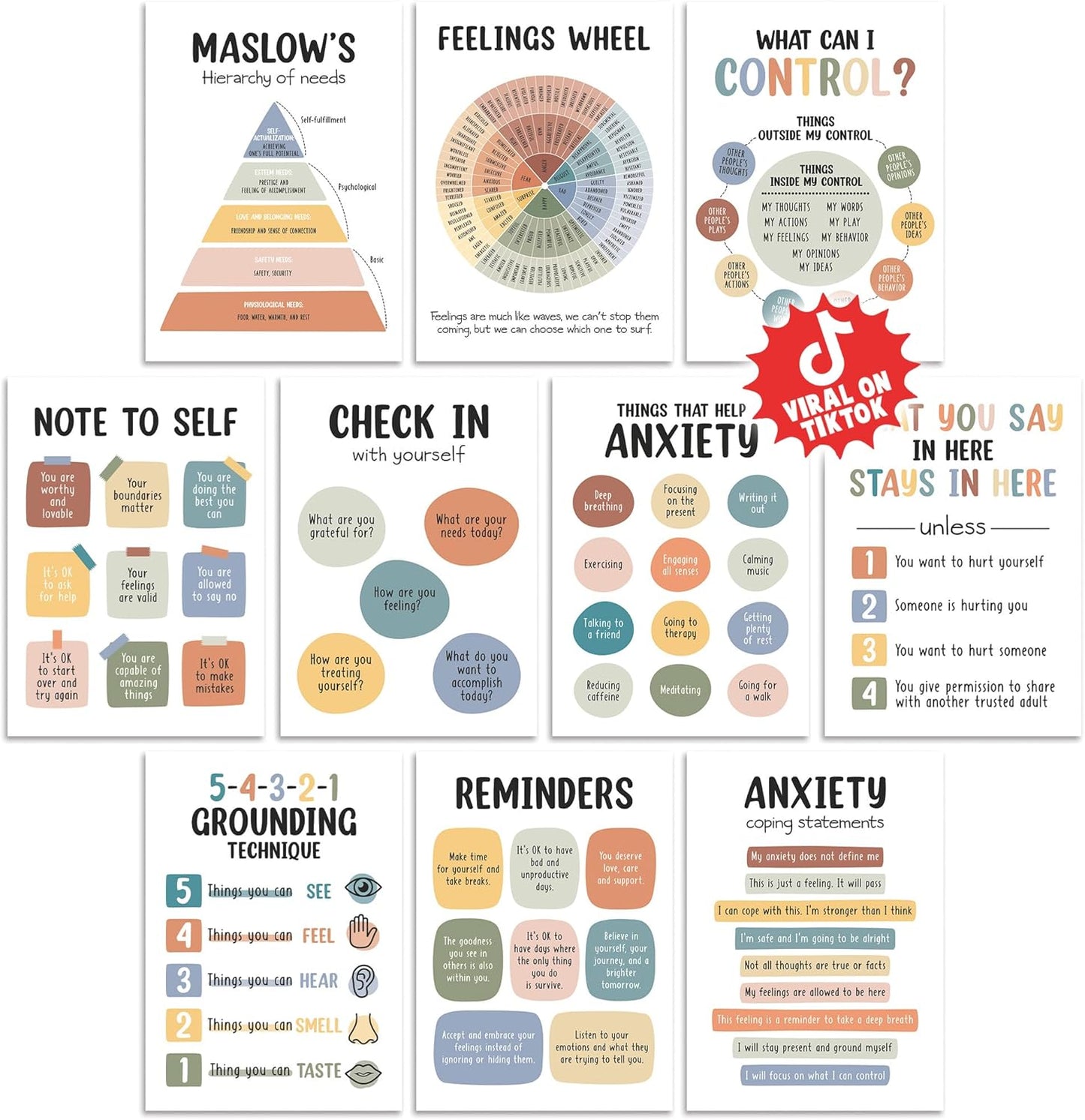 Skiennix Mental Health Posters - 10 Pcs Therapy Office Decor | Colorful Counseling Essentials