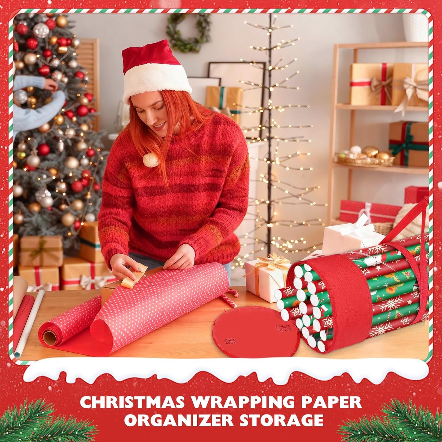 Skiennix Christmas Gift Wrapping Paper Organizer - Durable 600D Oxford Fabric | Holds 18-25 Rolls, 40 Inch, Red