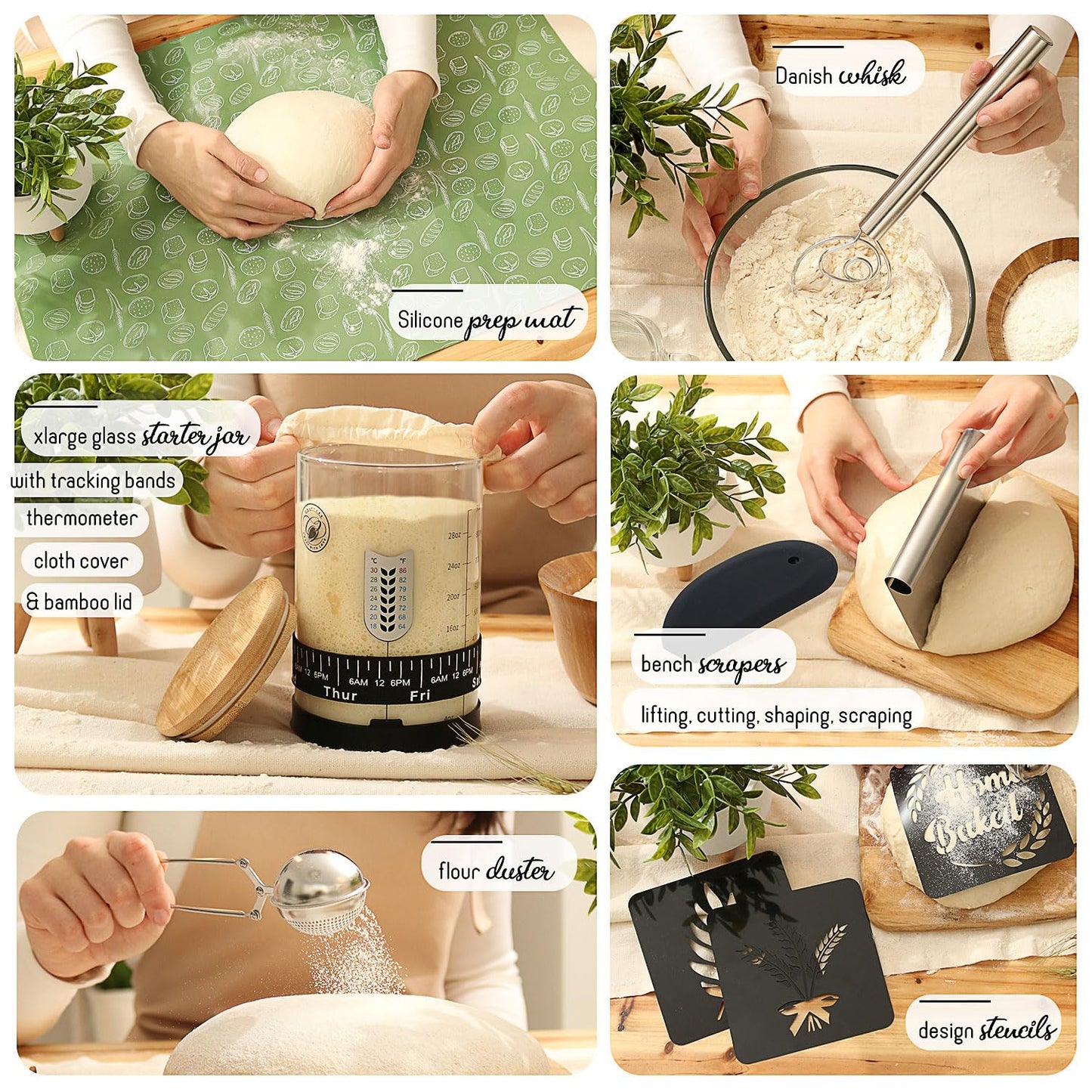 CraftZee All-Inclusive 𝗣𝗥𝗘𝗠𝗜𝗨𝗠 Sourdough Starter Kit with Pot, 34 Oz Starter Jar, 4 Banneton Bread Proofing Baskets, Scraper, Scale, Sourdough Bread Baking Supplies, Beginner Guide & Recipes