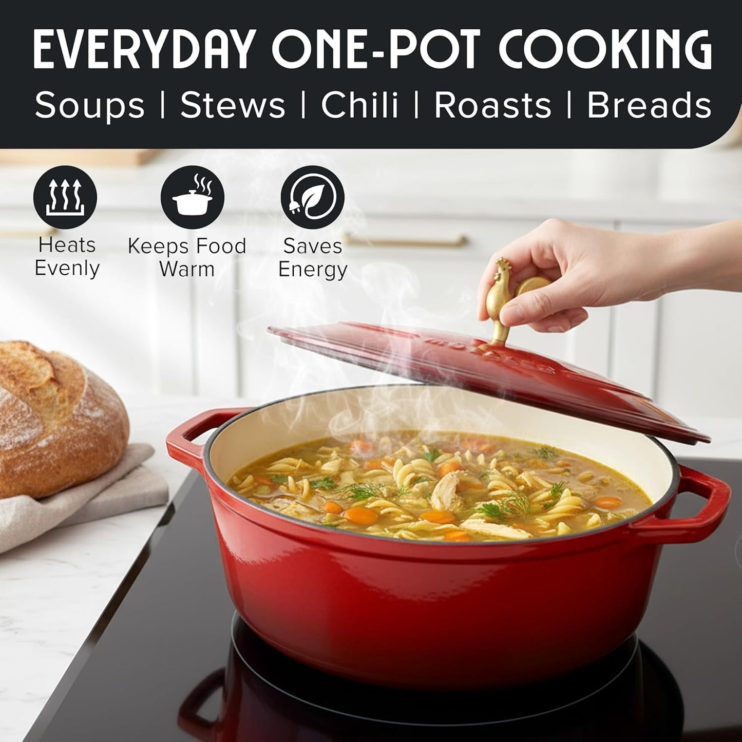 MUELLER HOME Enameled Cast Iron Dutch Oven - 5.5 Quart with Rooster Knob & Potholders, Red