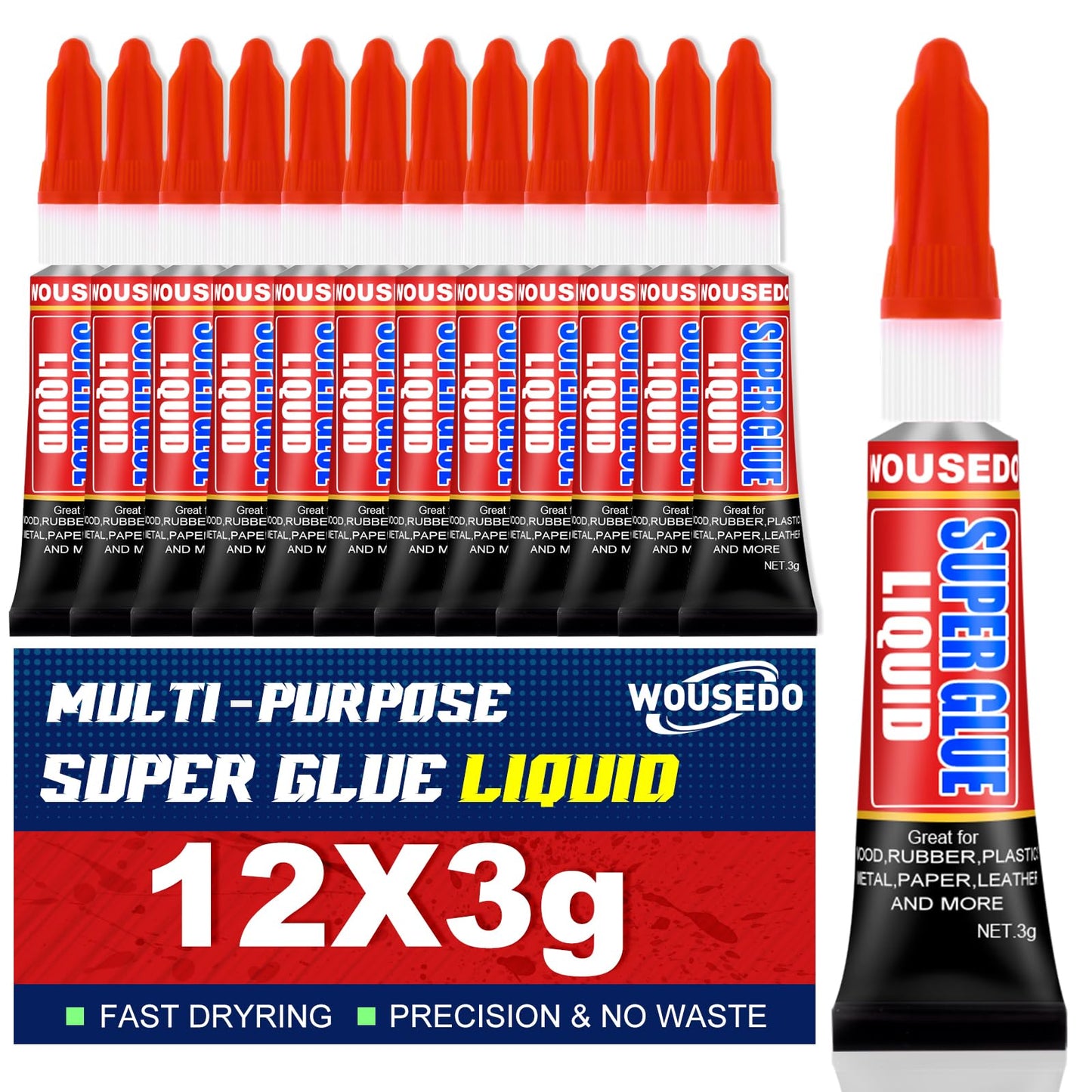 WOUSEDO 12 X 3g Super Glue Liquid, Clear Strong Adhesive,Fast Drying Cyanoacrylate Glue for Wood, Rubber, Leather, Plastic, Metal, DIY Crafts and More
