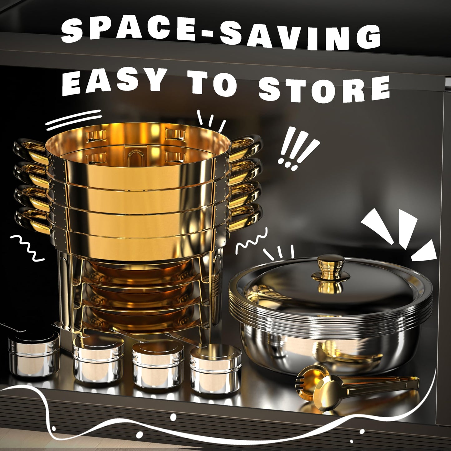 Trivico Chafing Dishes for Buffet Set,4 Pack 6QT, Easy 30-Second Lid Assembly Stainless Steel Food Warmers for Catering, Parties & Events, Gold Colors Chafing Dish Buffet Set