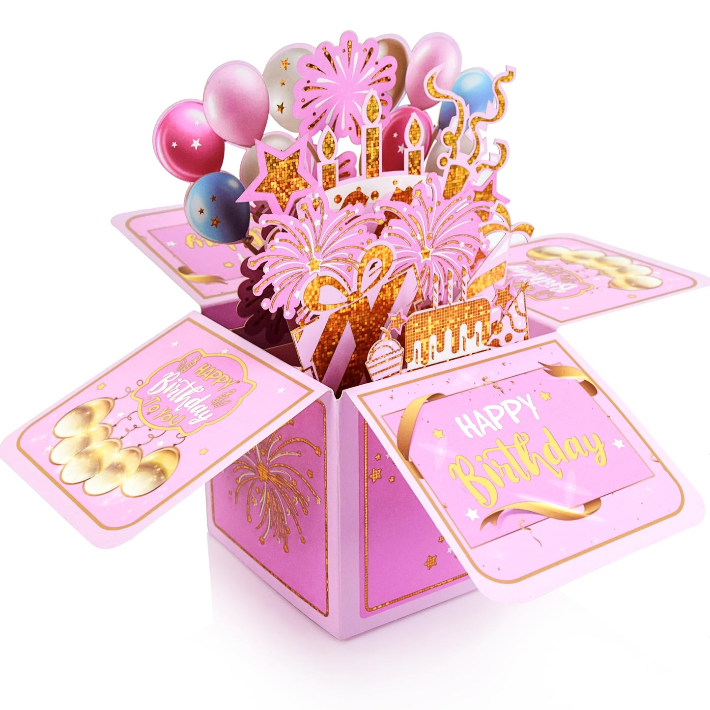 Surprise Pop Up Happy Birthday Cards, Lovely 3D Birthday Card for Adults and Kids with Envelopes, Unique Design Handmade Foldable Greeting Cards for Daughter, Son, Mom, Dad, Friend（Pink）