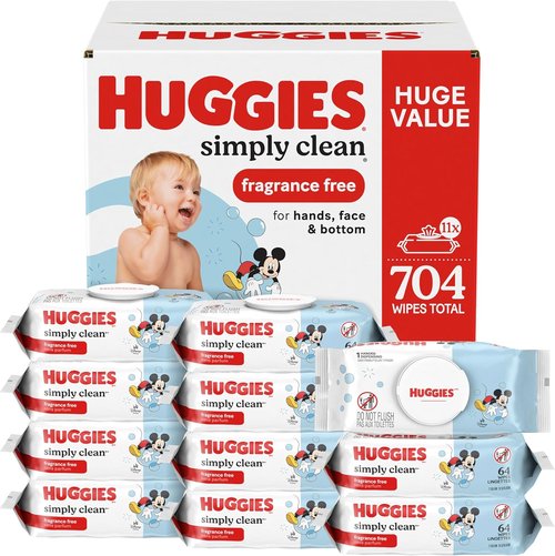 Huggies Simply Clean Baby Diaper Wipes - Unscented, 11 Flip-Top Packs (704 Total Wipes)