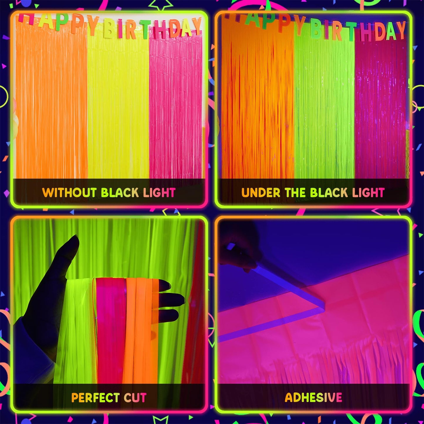 Mega-L Glow in The Dark Party Supplies, 3 Pack Neon Party Decorations 9.9 x 6.6 ft Fluorescent Tinsel Foil Fringe Curtains, Neon Backdrop Streamer for Birthday, Weeding, New Years Eve Party Supplies