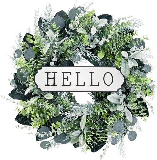 Hello 24-Inch Boxwood Wreath - Farmhouse Eucalyptus & Flocked Lambs Ear for Front Door Decor