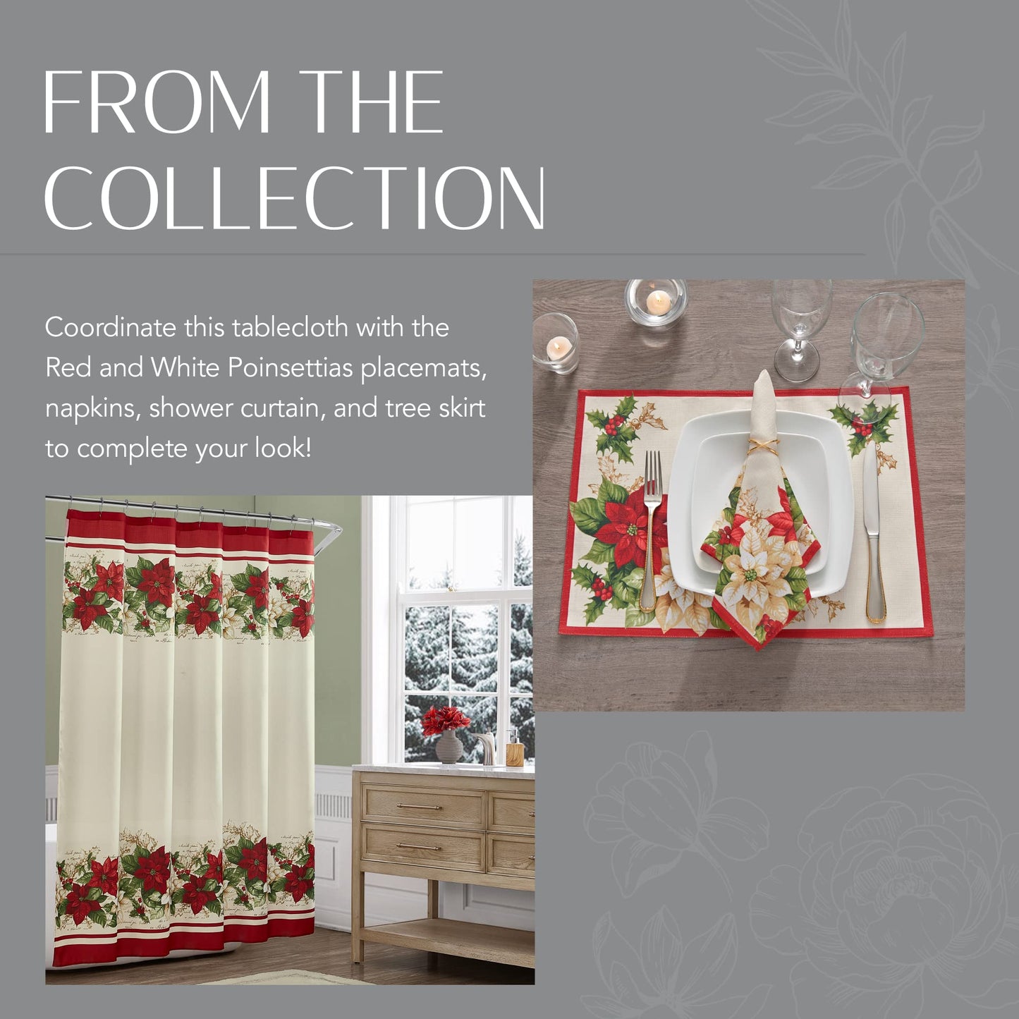 Elrene Home Fashions Red and White Poinsettia Holiday Wrinkle Resistant Fabric Tablecloth, 60" x 84" Rectangle, Multi