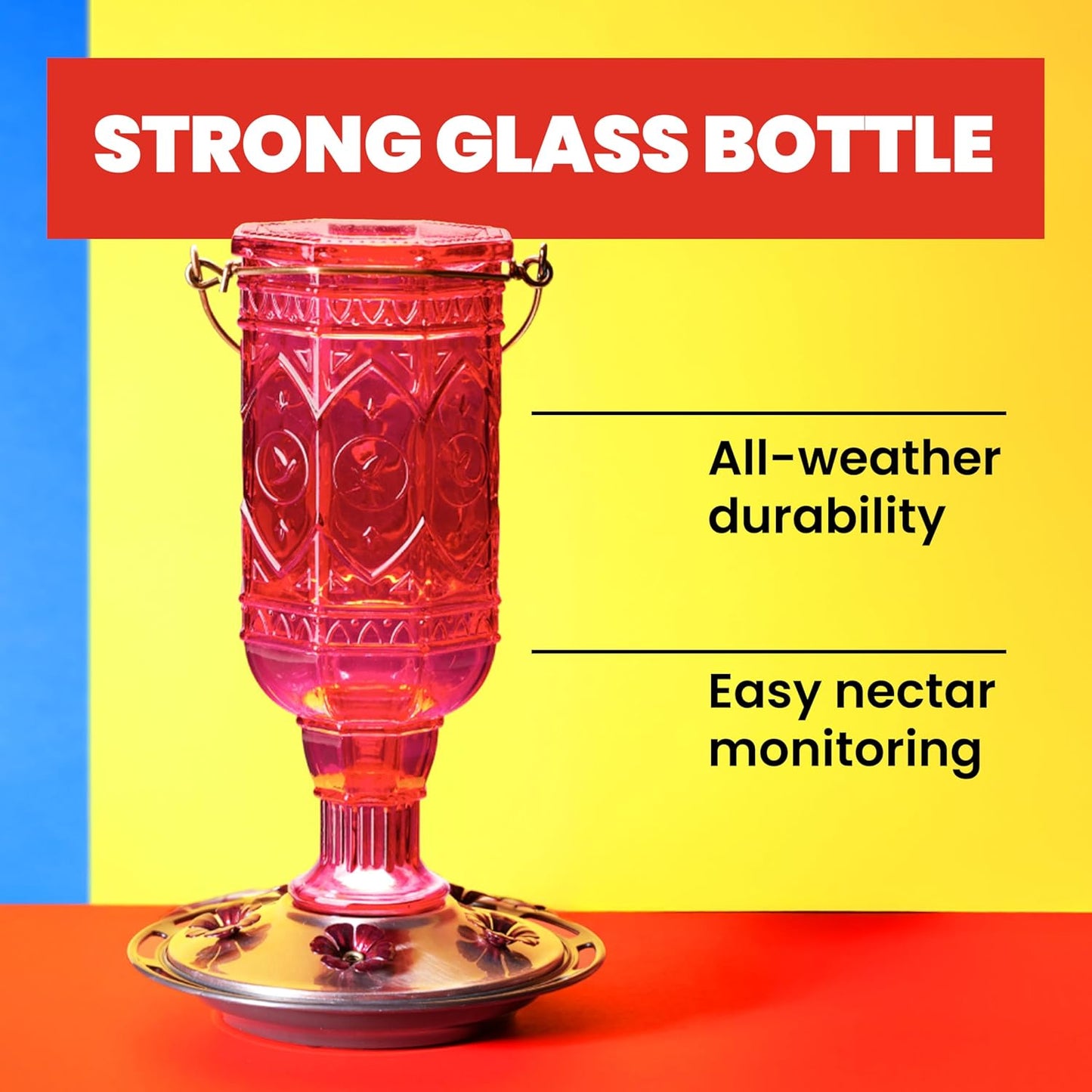 More Birds Red Jewel Hummingbird Feeder - Glass Bottle with 5 Feeding Ports & 20-Ounce Capacity