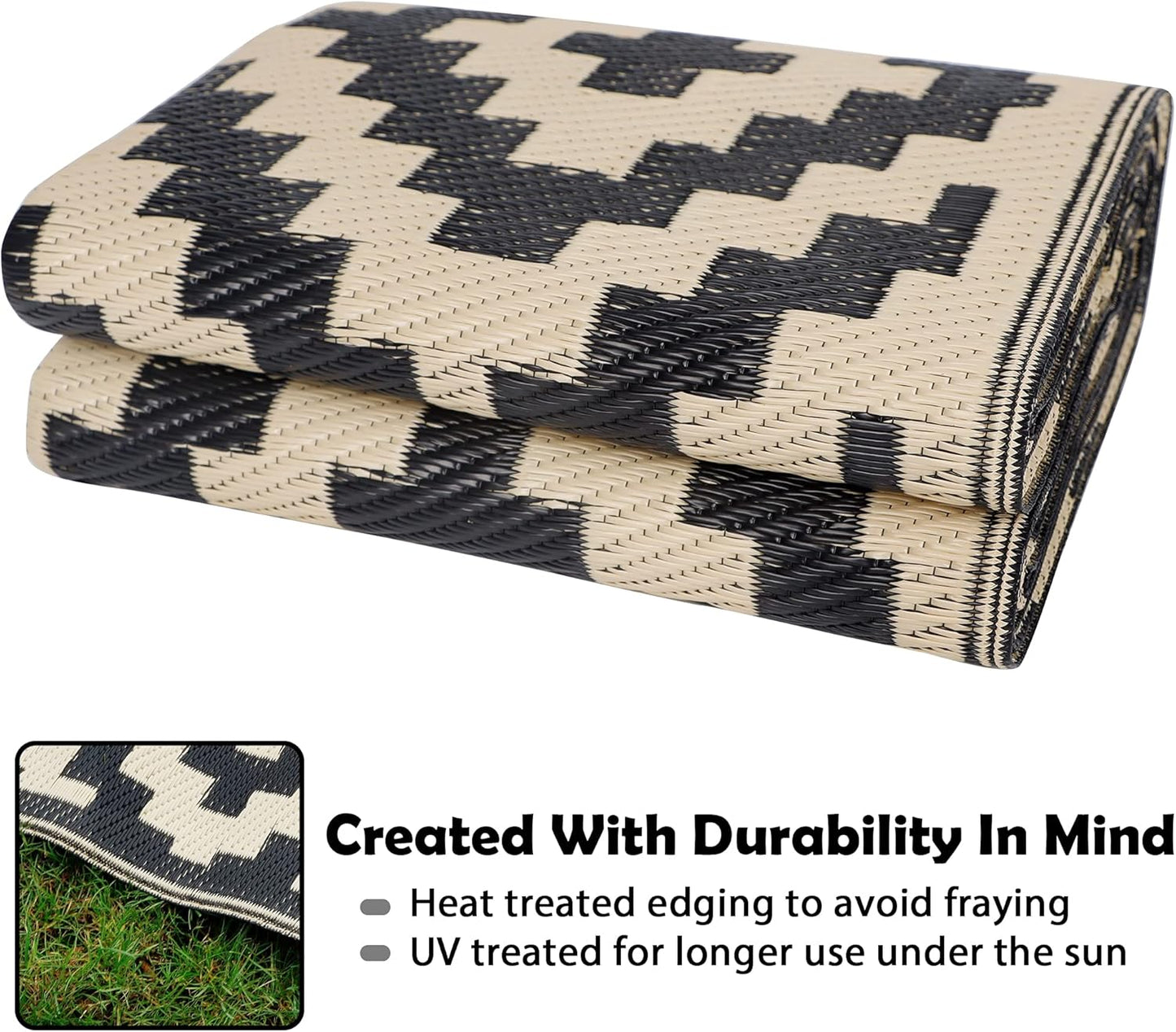 SAND MINE Waterproof Outdoor Rug - Reversible 5x8 ft Area Rug for Patio, Deck, Beach & Camping - Black & Beige