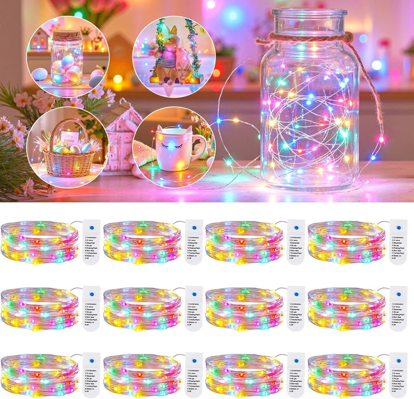 Minetom 20 LED Fairy Lights - 7ft Battery Operated Pastel Christmas & Easter Decor | Waterproof Silver Wire