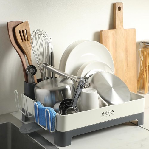 Gibson Home Nestcraft Dish Rack - Full Size Rust Resistant with Drain Board & Flatware Caddy | White