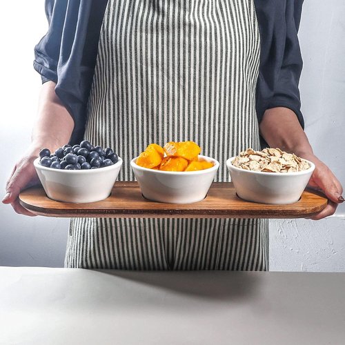 Artena 10oz Ultra-Fine Porcelain Chips and Dip Serving Platter - Acacia Tray & White Dipping Bowls