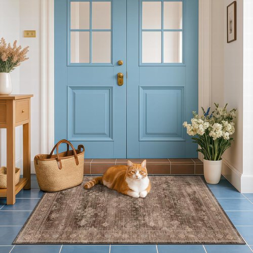 Brown Boho Runner Rug - Washable 3x6 Entryway & Hallway Floor Mat | Non-Slip, Stain & Fade Resistant