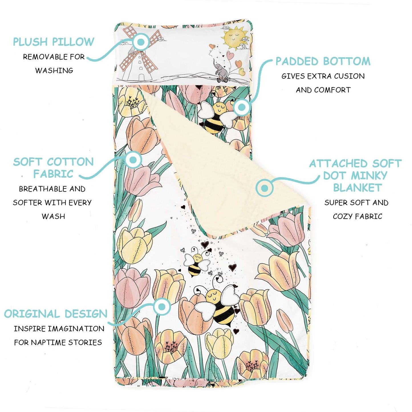 JumpOff Jo Extra Long Nap Mat for Kids - Cozy Kids Rest Mat with Removable Pillow and Ultra Soft Blanket for Preschool, Daycare, and Sleepovers - Tulip Fields
