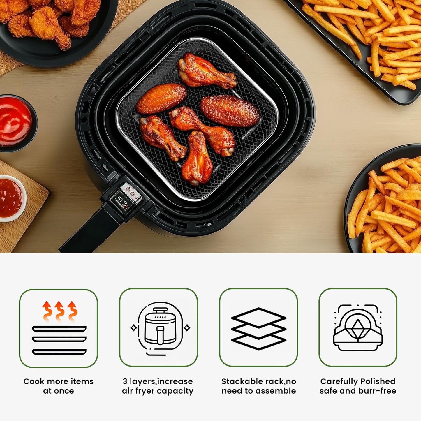 Square Air Fryer Rack by [Brand Name] - Stackable Stainless Steel Dehydrator Racks for 6-8 QT Air Fryers