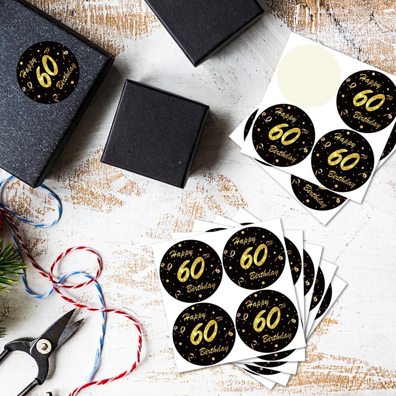 REWIDPARTY 1.5 Inch Round Black Gold 60th Birthday Stickers (80 Pieces) - Waterproof, Indoor/Outdoor, Perfect for Party Decorations, Scrapbook, Custom Style, Floral Theme