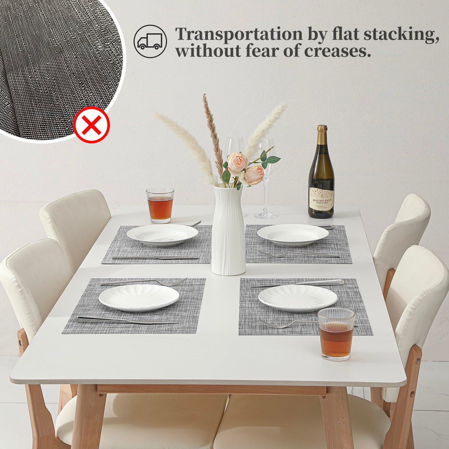 Leetaltree Linen Grey Placemats Set of 4 - Heat Resistant Non-Slip Place mats for Dining Table, Washable Durable PVC Vinyl Woven Table Mats（Linen Grey, 4）