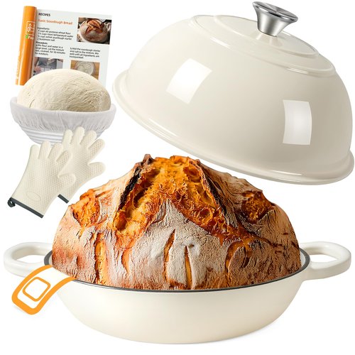 AHJ 6QT Dutch Oven For Bread Baking, Enameled Cast Iron Dutch Oven Pot with Lid, Multi-Functional Bread pan, Sourdough Baking Supplies with Proofing Basket, Cast Iron Bread Oven, Silicone Sling & Gloves.