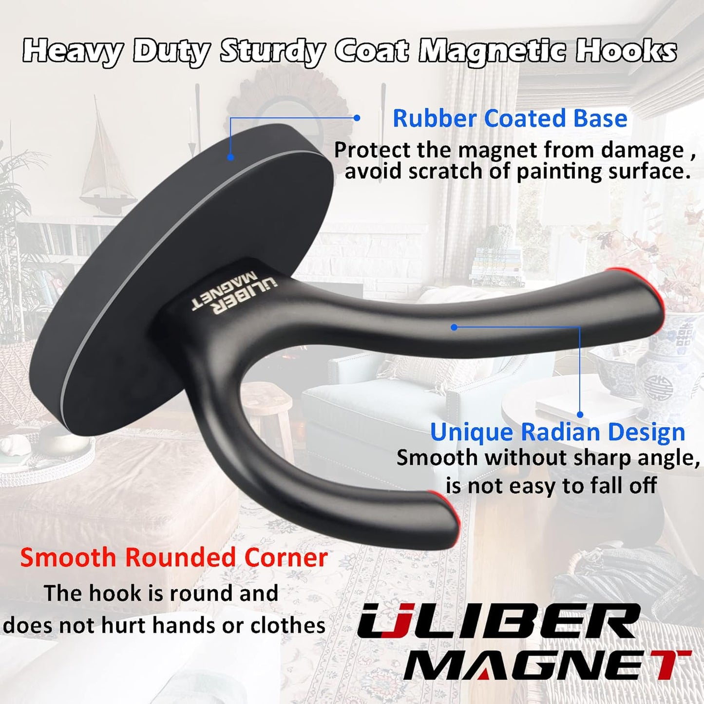 ULIBERMAGNET Heavy-Duty Magnetic Double Hooks - Sturdy Rubber Coated Coat & Towel Holders (Black, 2 Pack)