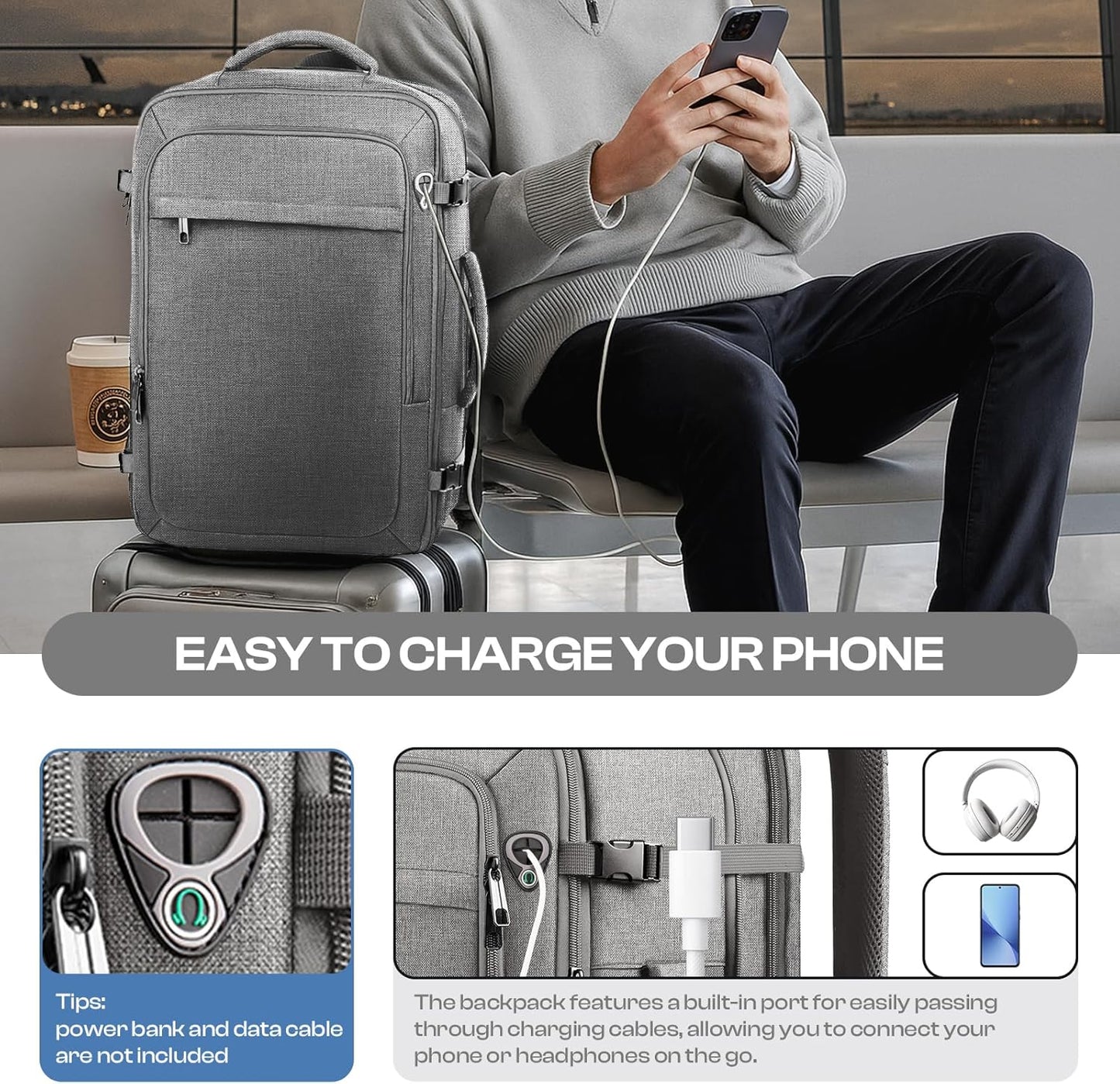 Skiennix Travel Laptop Backpack - Extra Large 40L-50L, Water Resistant, TSA Approved for 17.3" Laptops - Grey