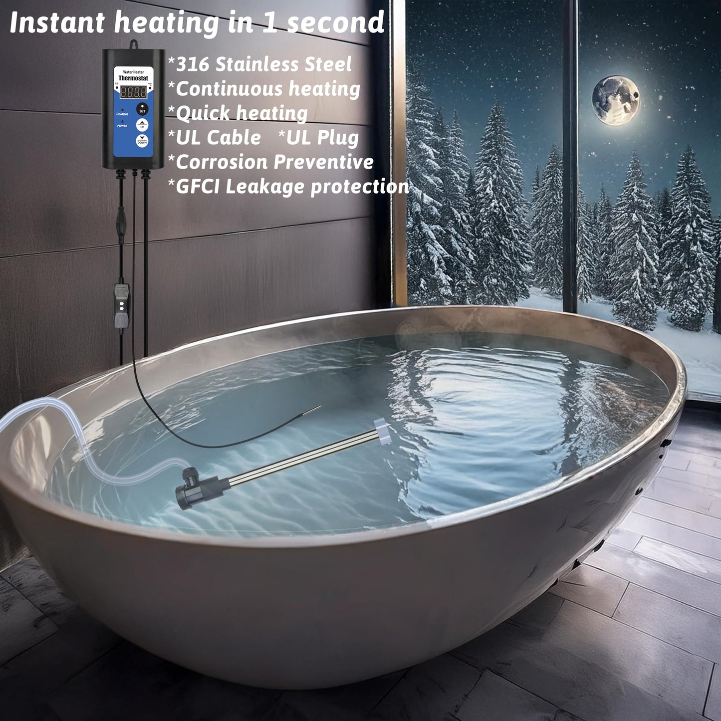 XCLBTFDC 2000W Immersion Water Heater Portable Electric Bathtub & Pool Fully Submersible Water Heater with Temp Control, GFCI for Hot Tub, Bucket, Swimming pool, above ground pool, baptistry & spa tub