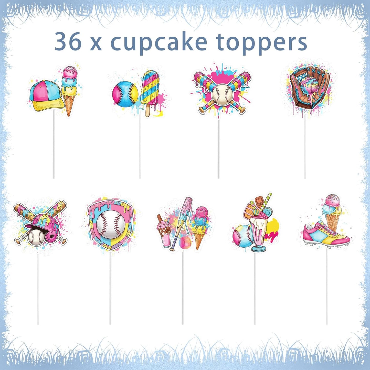Regine Switzerland Ice Cream Drip Baseball Cupcake Toppers - 36 Pcs Birthday Party Decorations for Kids