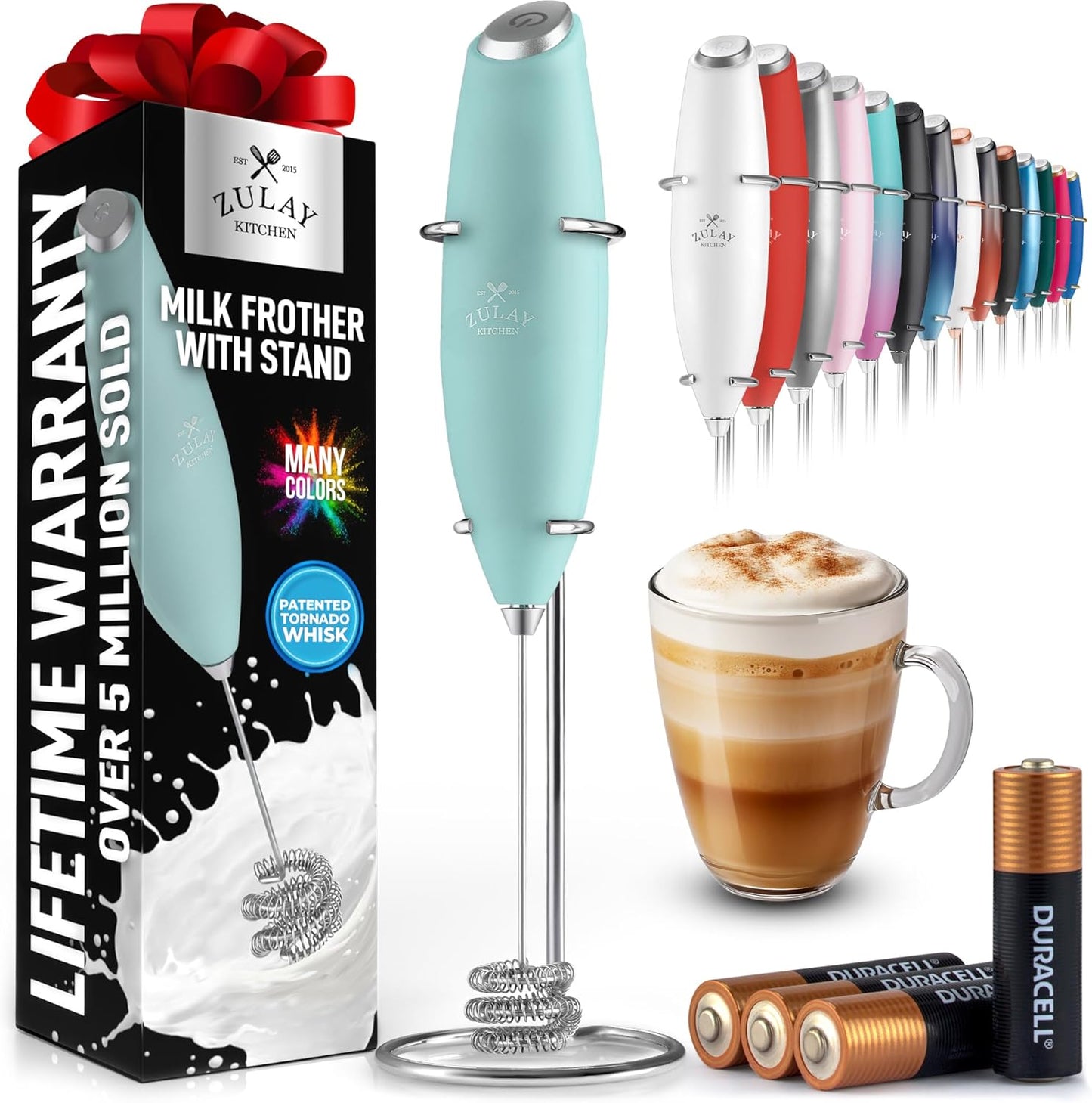 Zulay Kitchen Tornado Triple Whisk Milk Frother - Handheld Foam Maker for Coffee & Lattes - Mint Color with 4 Duracell Batteries
