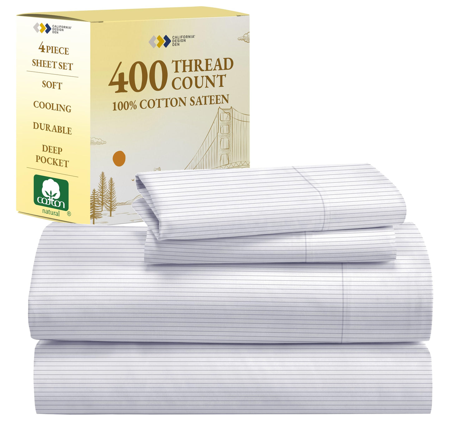California Design Den Queen Sheet Set - 400 Thread Count Sateen, Natural 100% Cotton Sheet Set Queen Size, Deep Pocket Cooling and Durable Bedding - Pinstriped