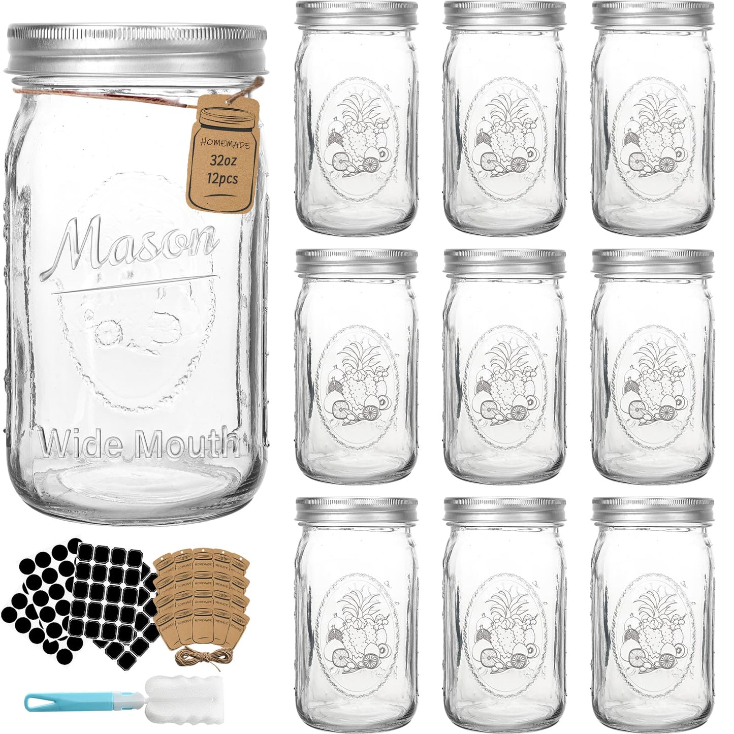 CycleMore Wide Mouth Mason Jars 32 oz, 12 Pack Large Glass Mason Jar with Metal Airtight Lids and Bands, 1 Quart Canning Jars for Pickling, Fermenting, Food Storage & DIY Projects