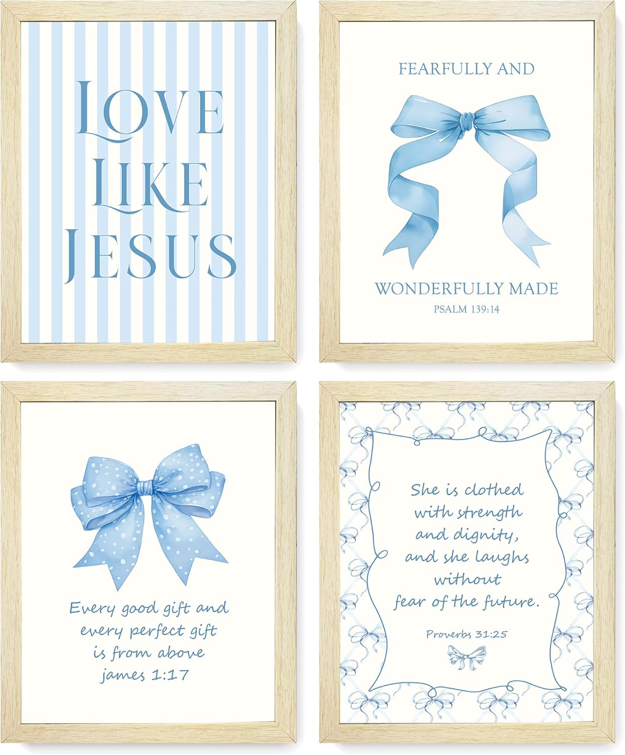 LARTSFRO Coquette Blue Bow Wall Art Decor - Inspirational Bible Verses for Bedroom | Set of 4, 10x8 Inch