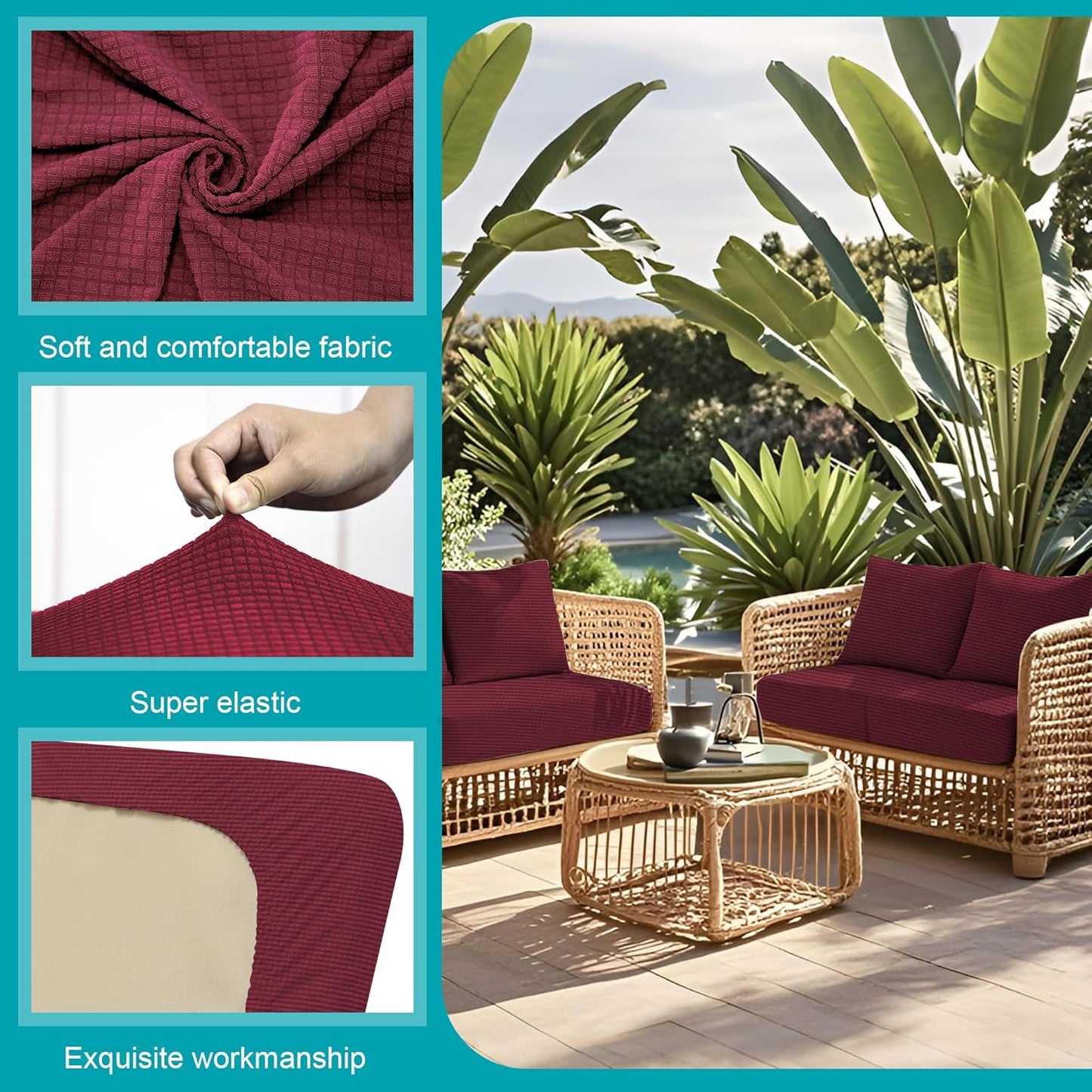 Skiennix 12-Pcs Stretch Patio Cushion Covers - Washable & Reusable Furniture Protectors | Wine Red
