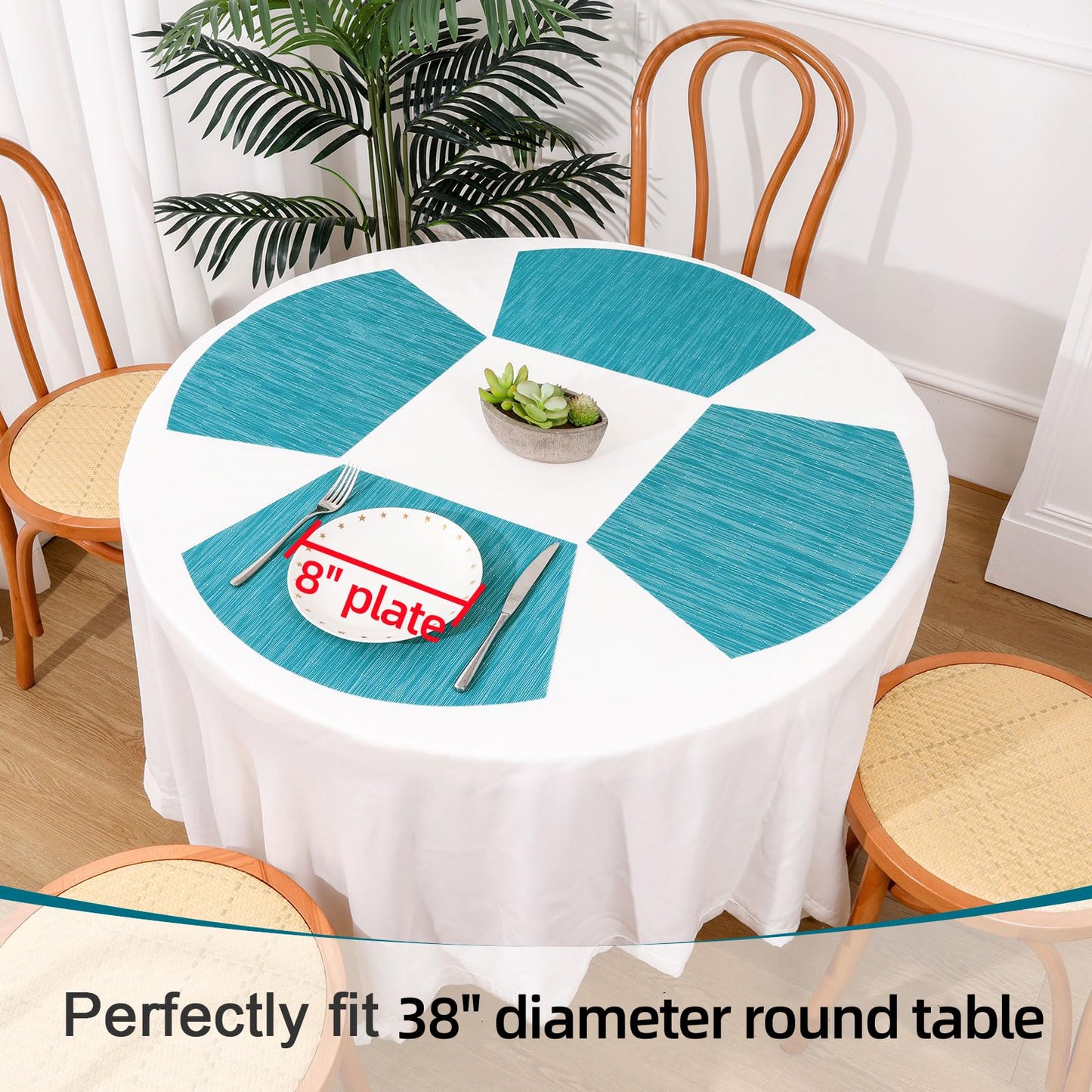 SHACOS Round Table Placemats Set of 7 Woven Vinyl Wedge Placemats with Centerpiece Heat Resistant Table Mats Wipe Clean (7, Teal Blue)