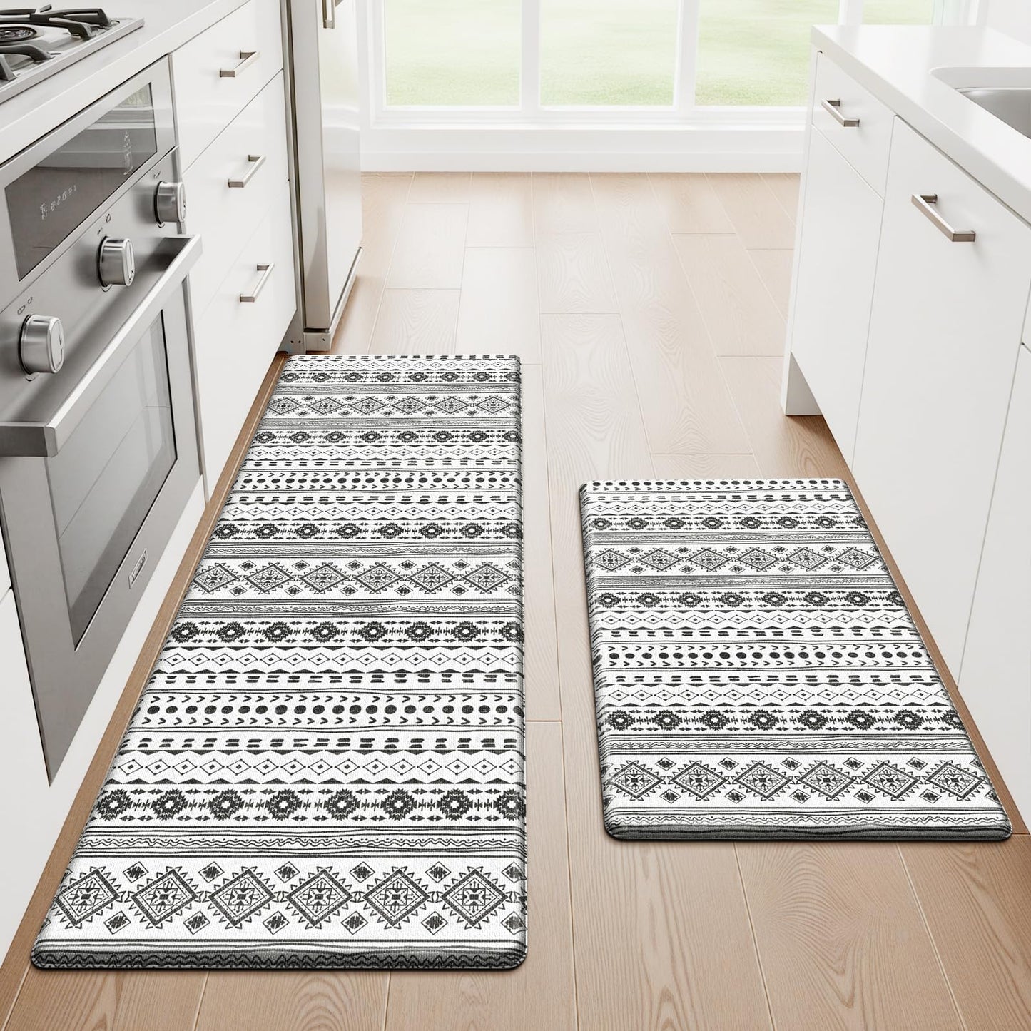 StepRite Kitchen Mats for Floor, Kitchen Rugs Sets of 2, Non-Slip Washable Kitchen Decor Rugs, Anti Fatigue Mats for Kitchen Floor, Sink, Office, Laundry, 17.3"×30"+17.3"×59", Black and White