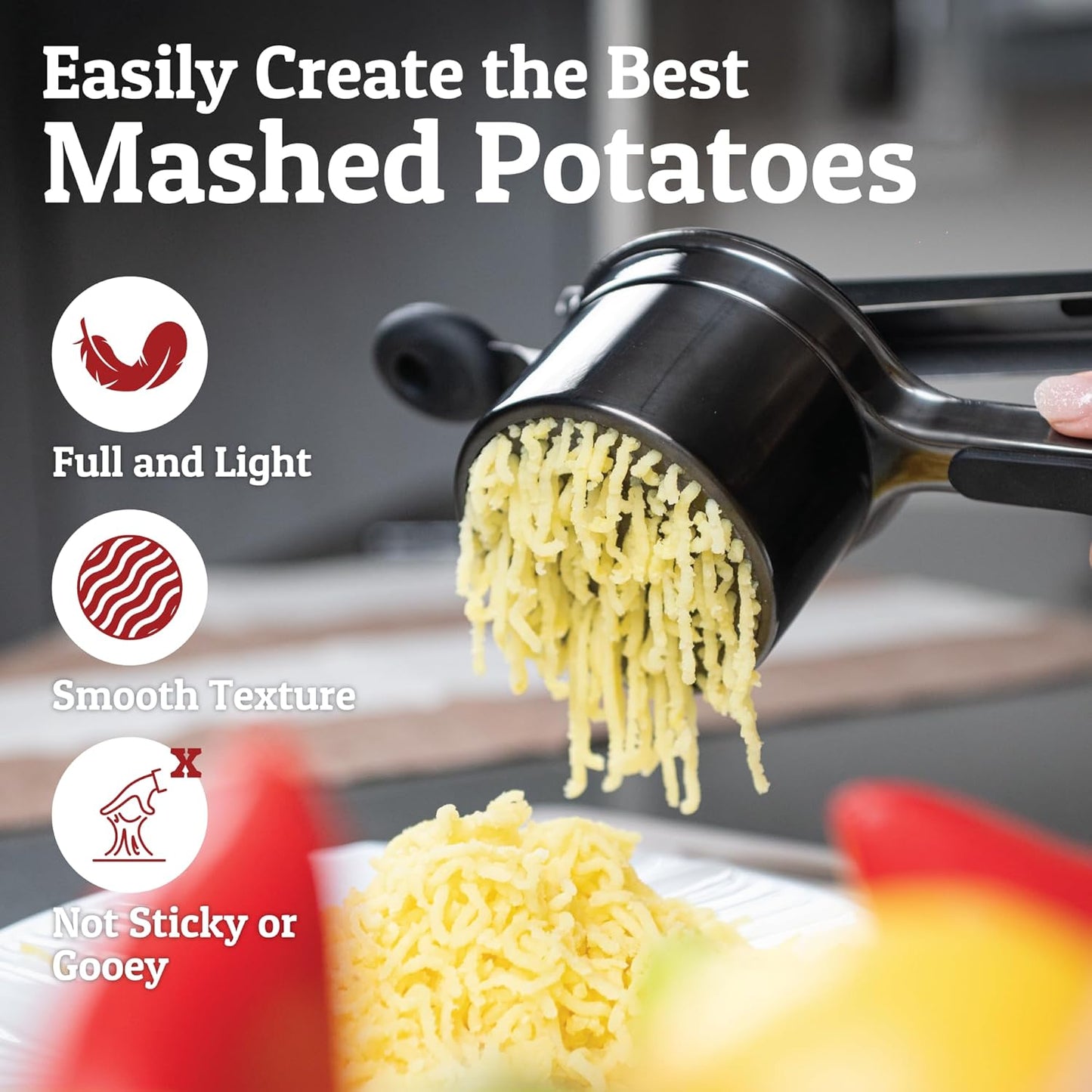 PriorityChef 15oz Potato Ricer - Heavy Duty Stainless Steel Masher with 3 Discs | All Black Design