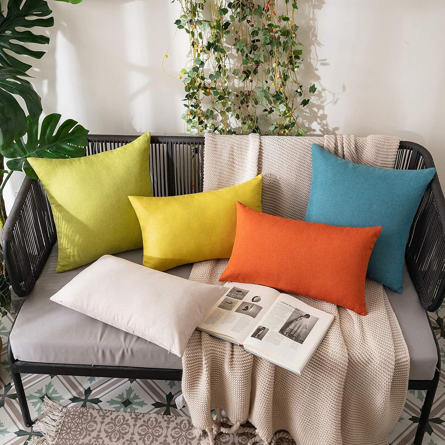MIULEE Decorative Outdoor Throw Pillow Covers - Waterproof Faux Linen Cushion Cases | 24x24 Inch Green, Set of 2