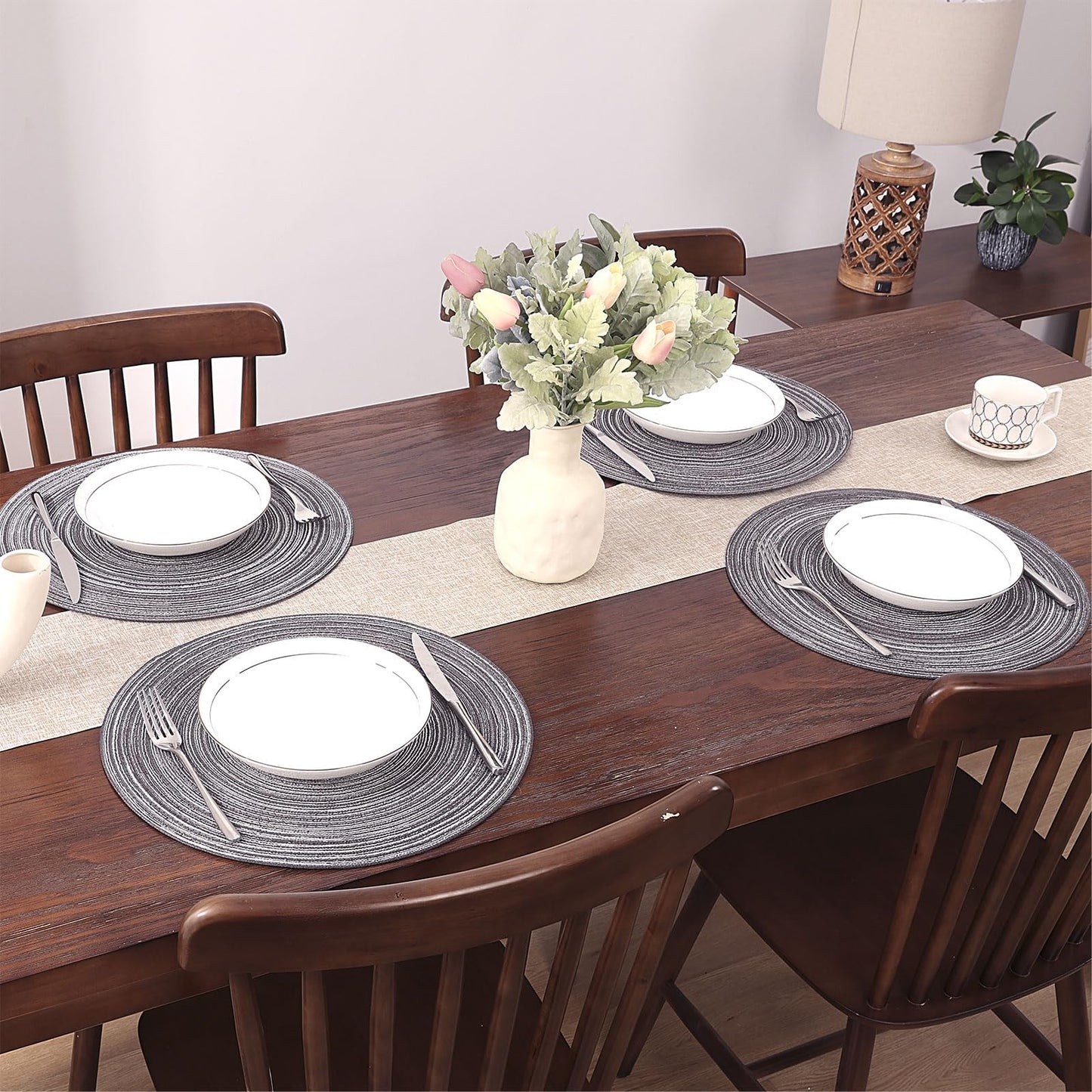 SHACOS Round Braided Placemats Set of 6 Round Table Mats 15 inch Cotton Washable for Holiday Party (Black Grey, 6)