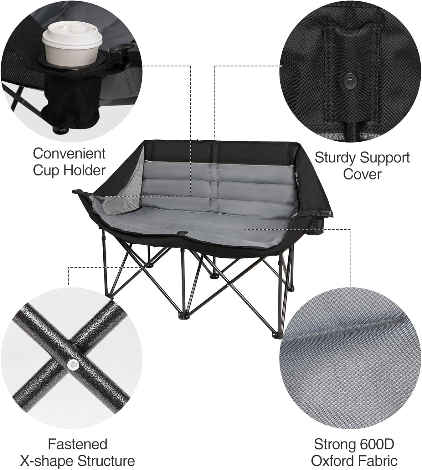 REDCAMP Heavy-Duty Padded Double Camping Chair - Supports 660lbs | Oversized Loveseat with Cup Holders & Carry Bag - Black/Grey