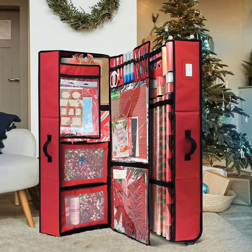 Hearth & Harbor Wrapping Paper Storage Container - Large Red Christmas Organizer with Ribbon Dispenser & Wheels, Fits 30 Rolls