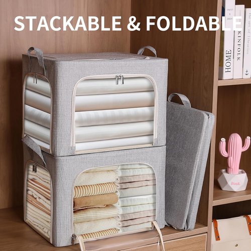 Combocube Clothes Storage Bins - Stackable & Foldable with 3-Side Zippered Openings | Linen Fabric, Large Clear Window, 3 Pack