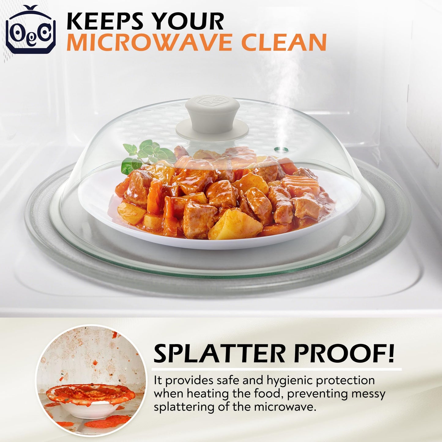 OEC Lighter Weight Tempered Glass Microwave Splatter Cover - 10 inch (Inner Diameter 8.7”) - Heat-Resistant - Durable Glass Lid with Vent, Silicone Knob, Dishwasher Safe, 100% Food Grade - BPA Free