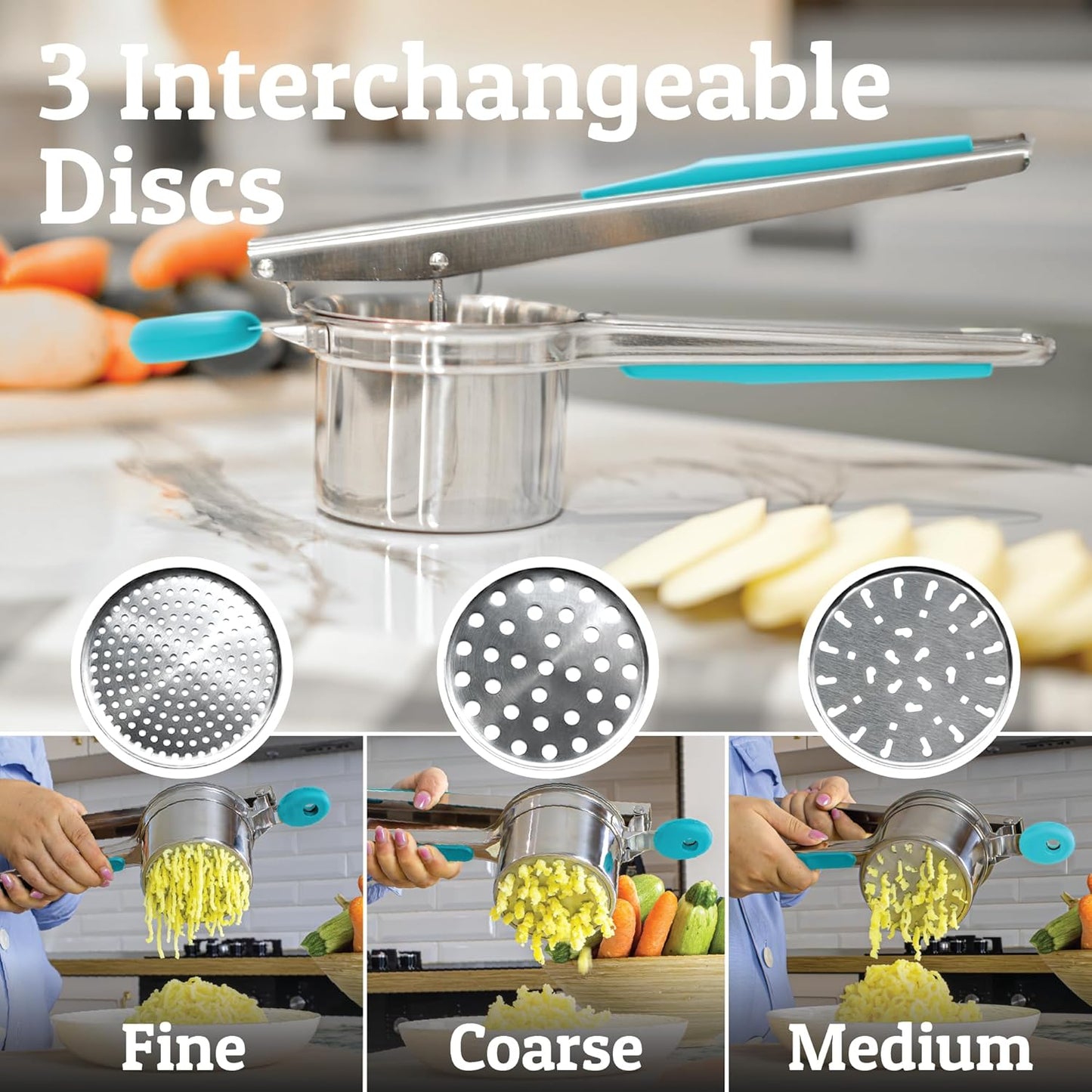 PriorityChef 15oz Potato Ricer - Heavy Duty Stainless Steel with 3 Discs for Perfect Mashed Potatoes | Turquoise