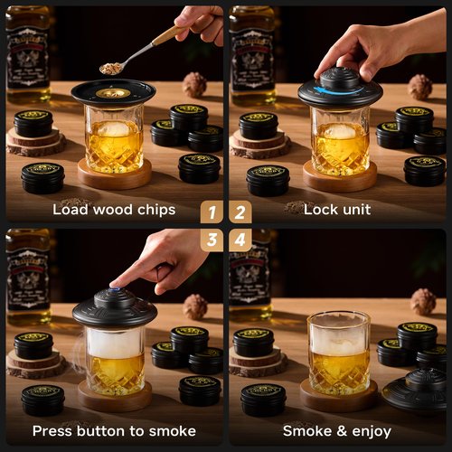 ComboJoy Electric Whiskey Smoker Kit with LED – 6 Flavors Wood Chips, Whiskey Glass & Ice Cube Mold – Rechargeable Cocktail Smoker, Old Fashioned Bourbon Gifts for Men, Dad, Husband -Grey