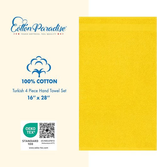 Cotton Paradise Hand Towels - 100% Turkish Cotton, Soft & Absorbent | 4-Piece Set in Yellow
