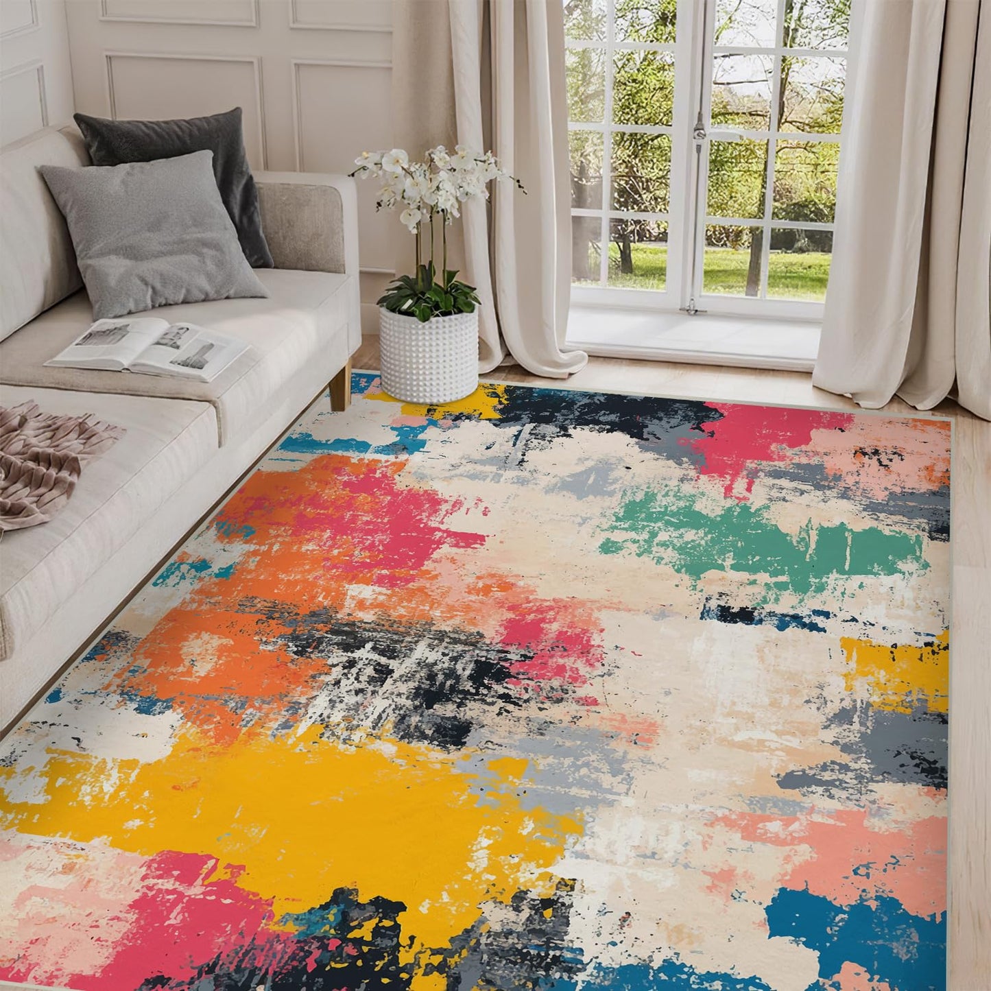 5x7 Colorful Area Rug Modern Abstract Beige Orange Yellow Pink Blue Black White Grey Rug Bedroom Low Pile Thin Large Carpet Living Room Non Slip Dining Room Stain Resistant Office Washable Machine