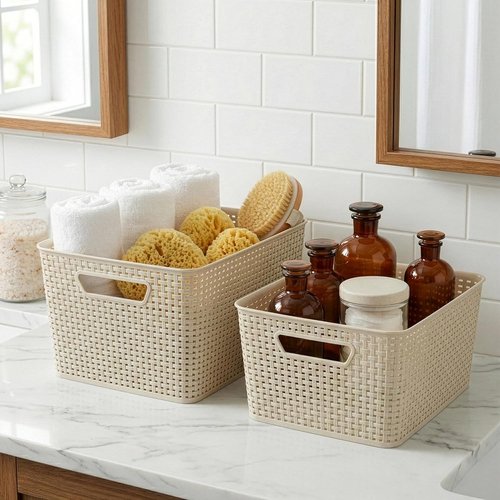 BINO Plastic Storage Baskets - 33 Liter | 3 Pack Natural Woven Baskets for Organizing Shelves