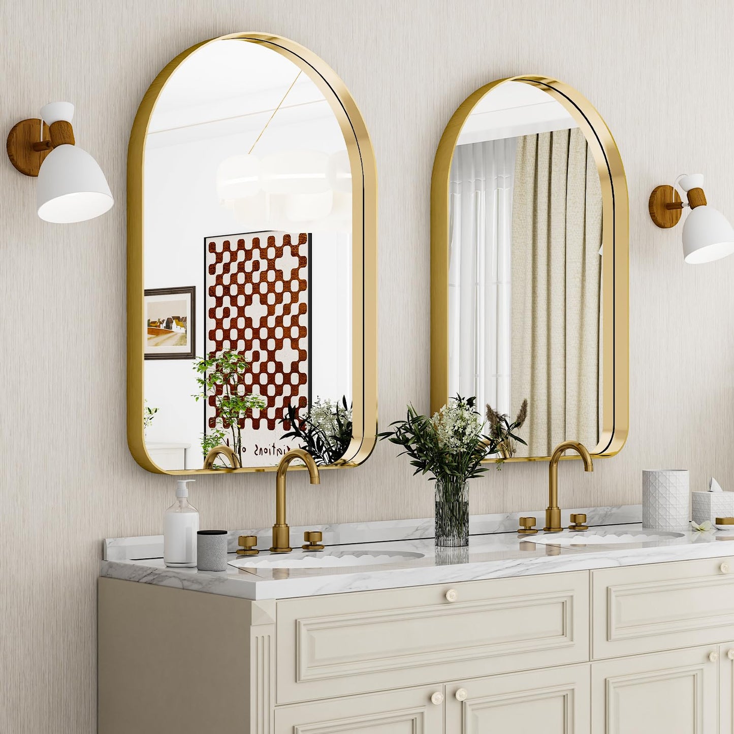 GLSLAND 24”x36“ Gold Arched Bathroom Mirror - Aluminum Alloy Framed Mirrors for Wall- Arch Wall Mirror, Brush Gold Bathroom Mirror for Bedroom