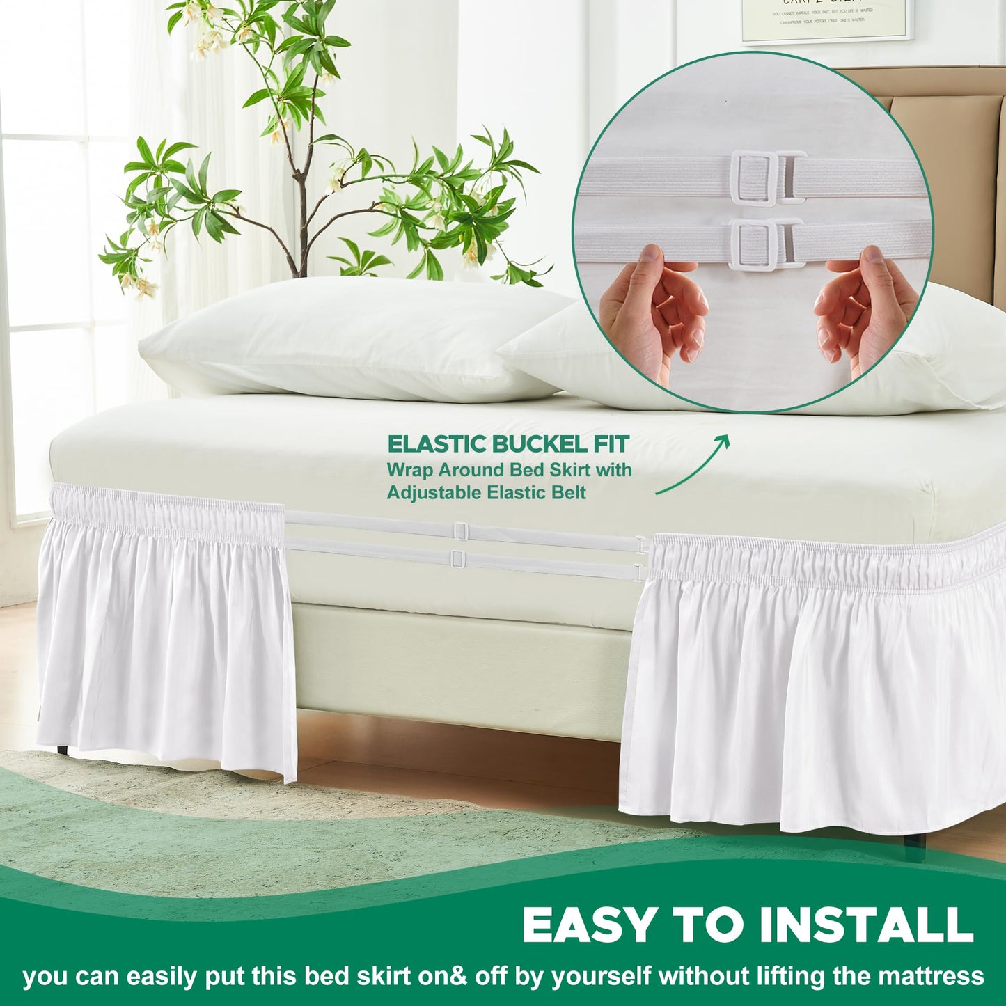 Biscaynebay Wrap Around Bed Skirts for Queen Beds 15" Drop, White Adjustable Elastic Dust Ruffles Easy Fit Wrinkle & Fade Resistant Silky Luxurious Fabric Machine Washable