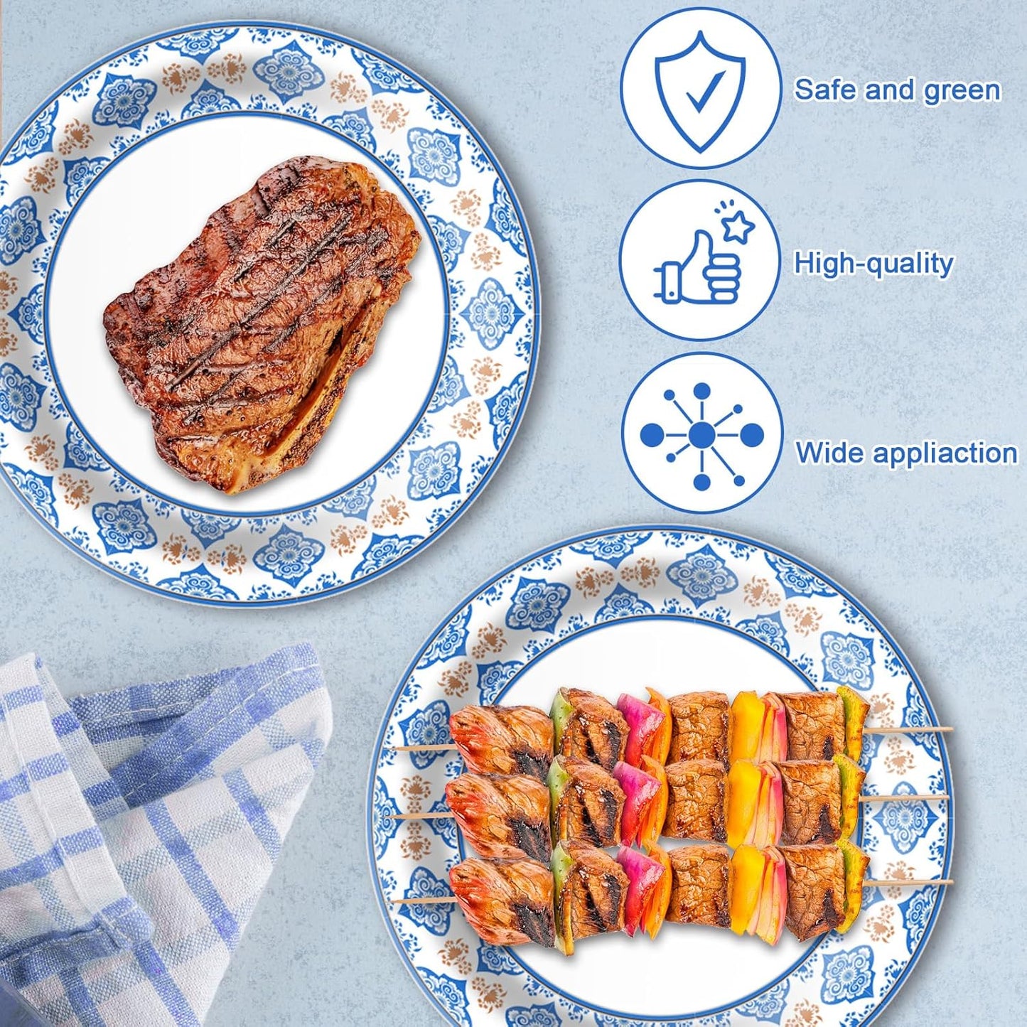 Skiennix 10-Inch Blue Floral Paper Plates - 50 Pack Heavy-Duty Disposable Tableware for Parties & Events