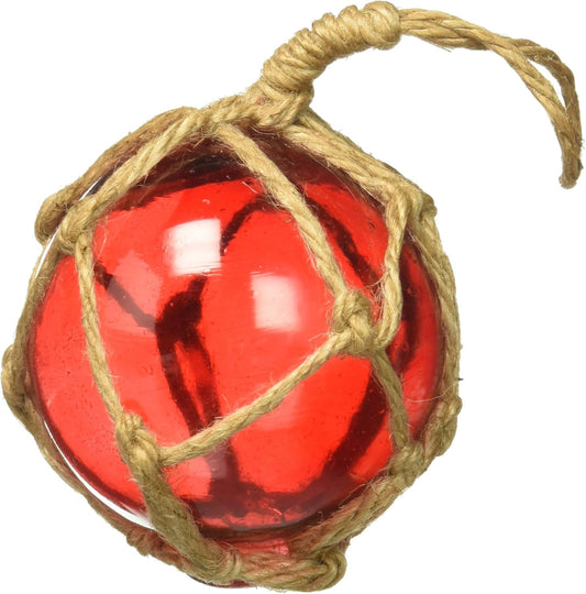 Red Japanese Glass Fishing Float with Brown Netting - Handcrafted Nautical Decor